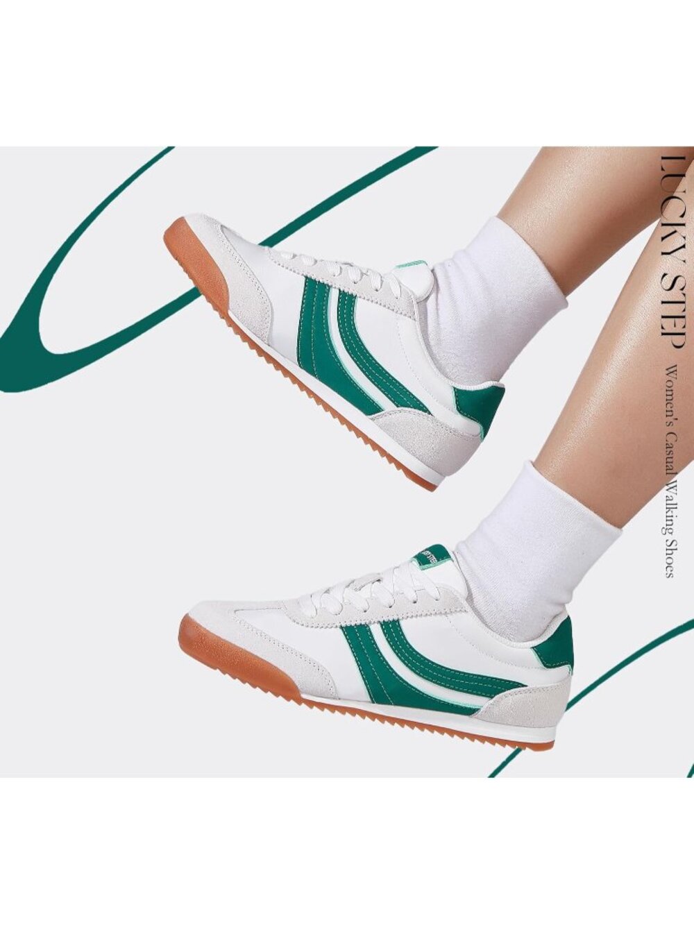 Women's White/Green Lightweight Thin Sole Lace up Anti Slip Retro Sneakers - Picture 2 of 6
